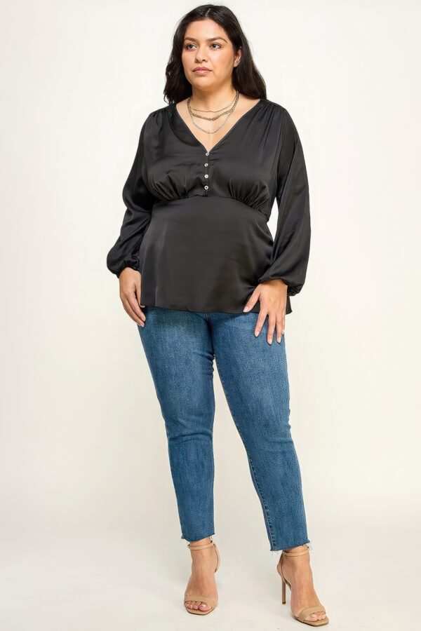 Plus Size Satin Babydoll Blouse with Back Tie – Black