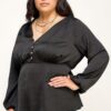 Plus Size Satin Babydoll Blouse with Back Tie – Black