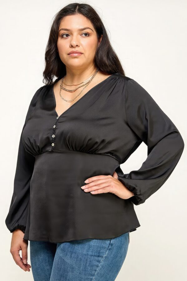 Plus Size Satin Babydoll Blouse with Back Tie – Black