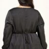 Plus Size Satin Babydoll Blouse with Back Tie – Black