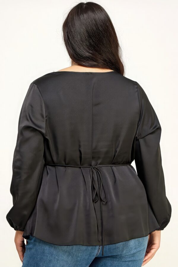 Plus Size Satin Babydoll Blouse with Back Tie – Black