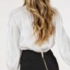 Lace-Trim Button-Down Long Sleeve Blouse – Pearl