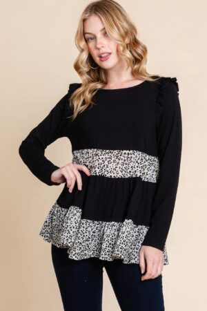 Tiered Top with Velvet Animal-Print Mesh – Black