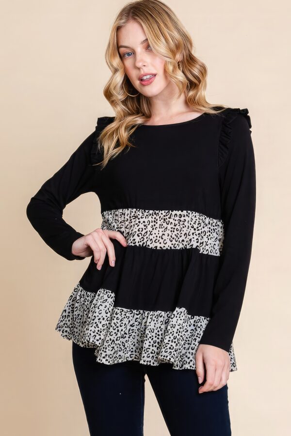 Tiered Top with Velvet Animal-Print Mesh – Black