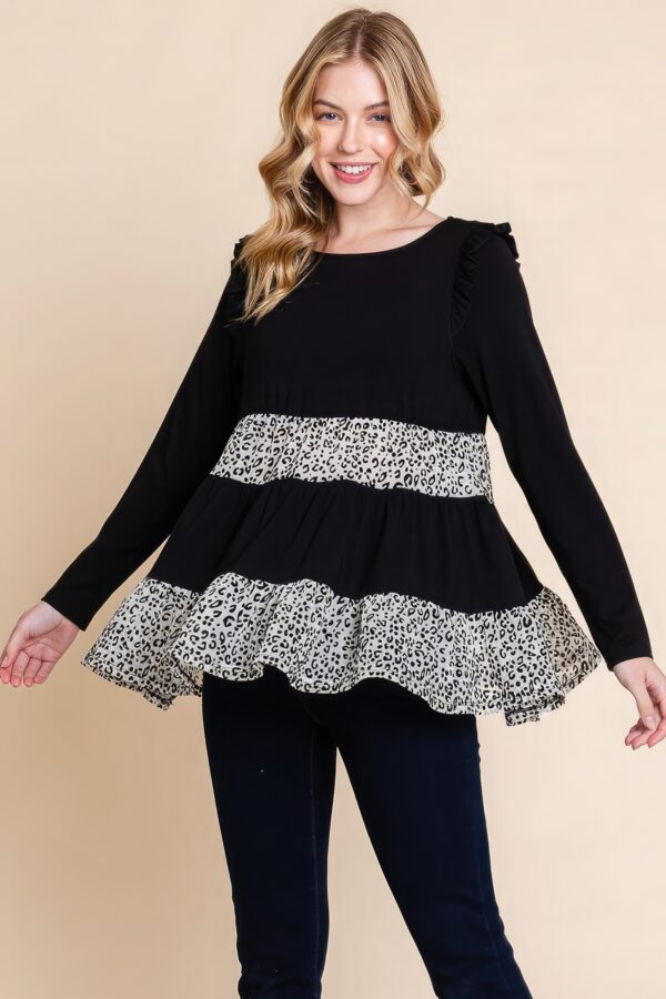 Tiered Top with Velvet Animal-Print Mesh – Black