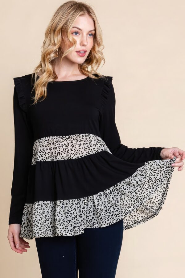 Tiered Top with Velvet Animal-Print Mesh – Black