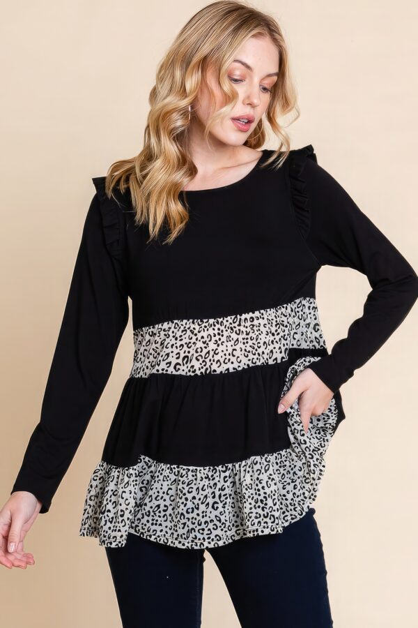 Tiered Top with Velvet Animal-Print Mesh – Black