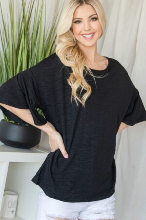 Flared-Sleeve Short Sleeve Top – Black