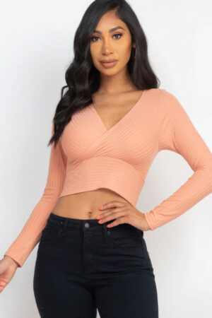 Ribbed Wrap Front Long Sleeve Top – Sun Baked