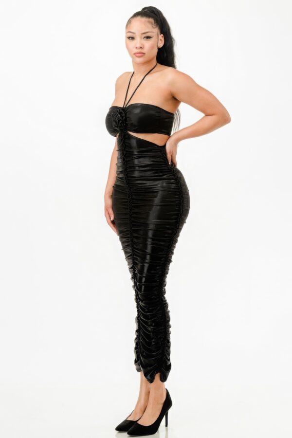 Metallic Halter Dress with Side Rushing – Black