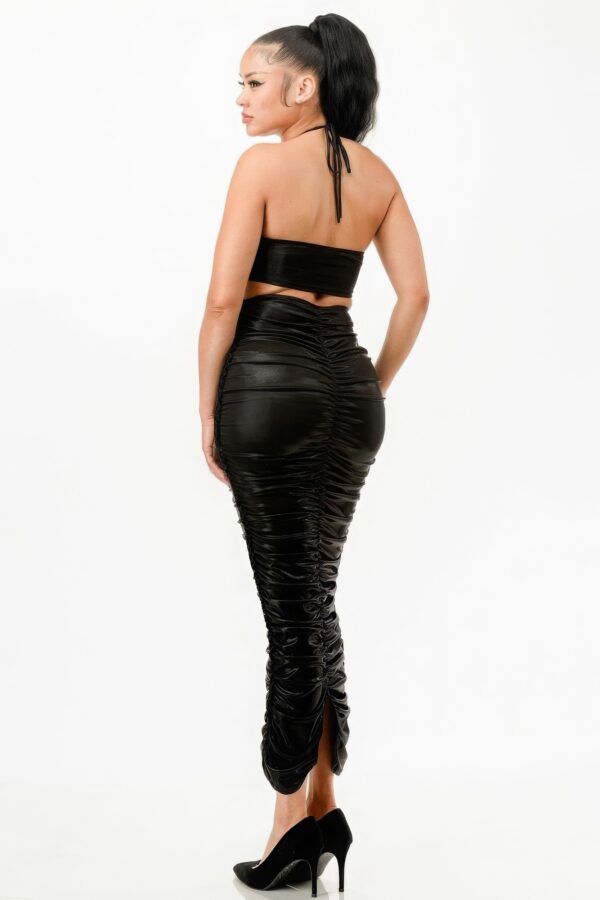 Metallic Halter Dress with Side Rushing – Black
