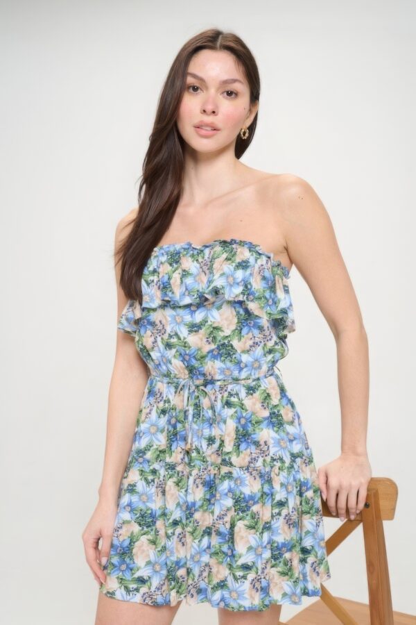 Berry Floral Ruffle Tube Top Mini Dress – Blue Beige