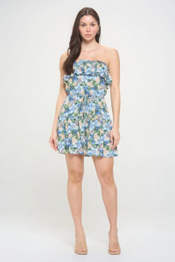 Berry Floral Ruffle Tube Top Mini Dress – Blue Beige