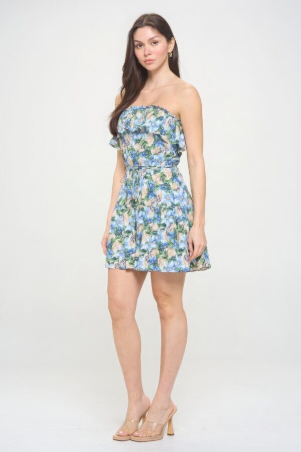 Berry Floral Ruffle Tube Top Mini Dress – Blue Beige