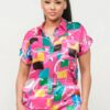 Satin Dolman Button-Down Top & Shorts Set – Fuchsia Combo