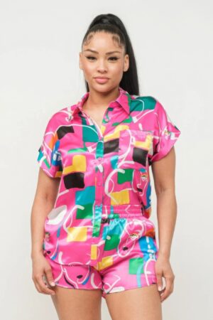 Satin Dolman Button-Down Top & Shorts Set – Fuchsia Combo