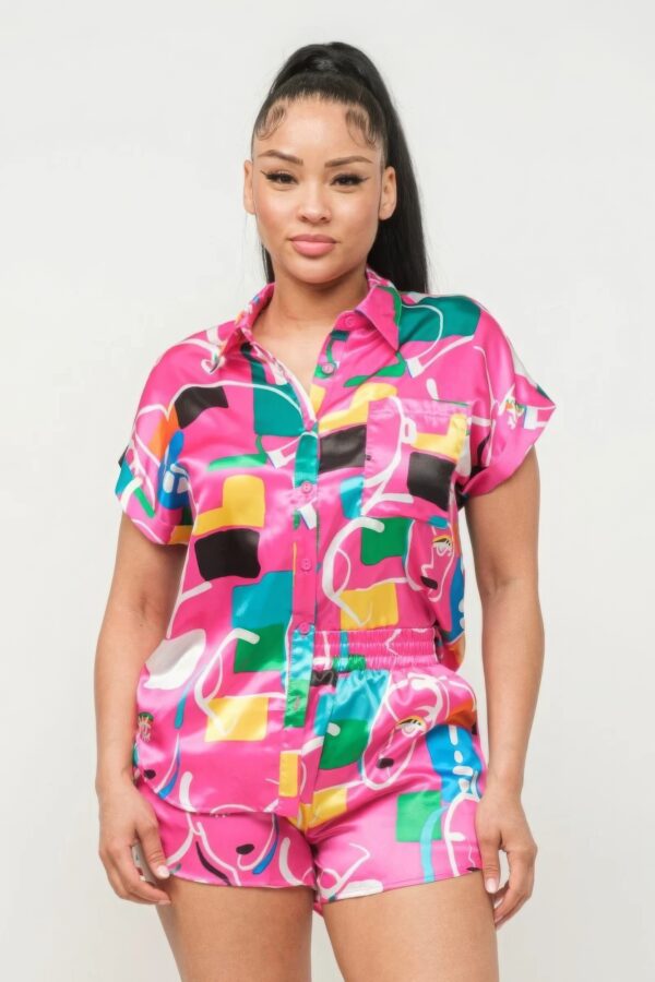 Satin Dolman Button-Down Top & Shorts Set – Fuchsia Combo