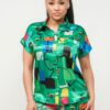 Satin Dolman Button-Down Top & Shorts Set – Green Combo