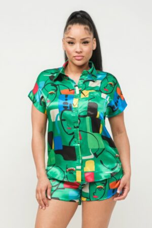 Satin Dolman Button-Down Top & Shorts Set – Green Combo
