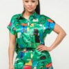 Satin Dolman Button-Down Top & Shorts Set – Green Combo