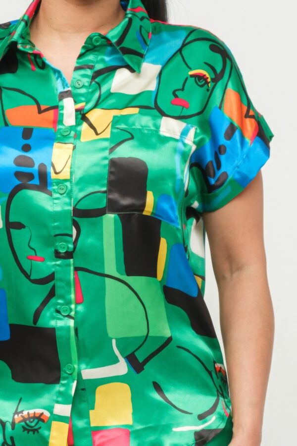 Satin Dolman Button-Down Top & Shorts Set – Green Combo