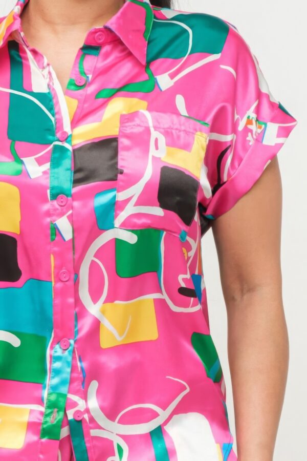 Satin Dolman Button-Down Top & Shorts Set – Fuchsia Combo