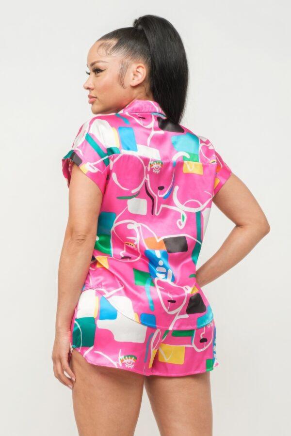 Satin Dolman Button-Down Top & Shorts Set – Fuchsia Combo