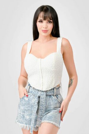 Crinkle Knit Sweetheart Hooked Bustier Crop Top – Off White