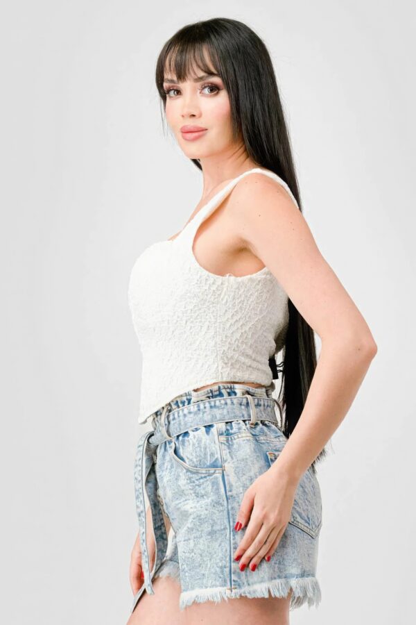 Crinkle Knit Sweetheart Hooked Bustier Crop Top – Off White