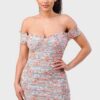 Floral Mesh Sweetheart Ruffle Off-Shoulder Mini Dress – Light Blue