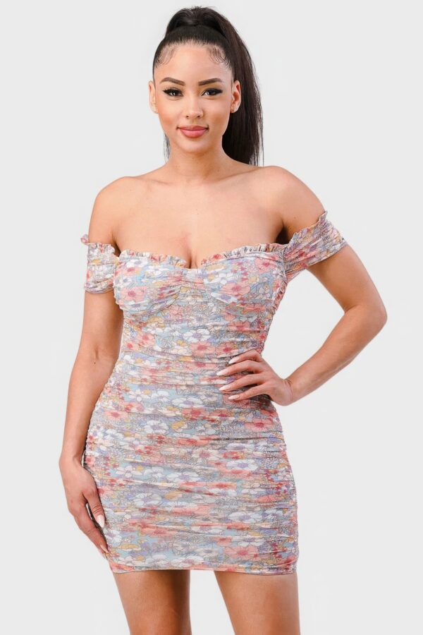 Floral Mesh Sweetheart Ruffle Off-Shoulder Mini Dress – Light Blue