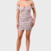 Floral Mesh Sweetheart Ruffle Off-Shoulder Mini Dress – Light Blue
