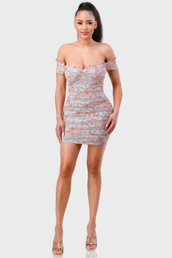 Floral Mesh Sweetheart Ruffle Off-Shoulder Mini Dress – Light Blue