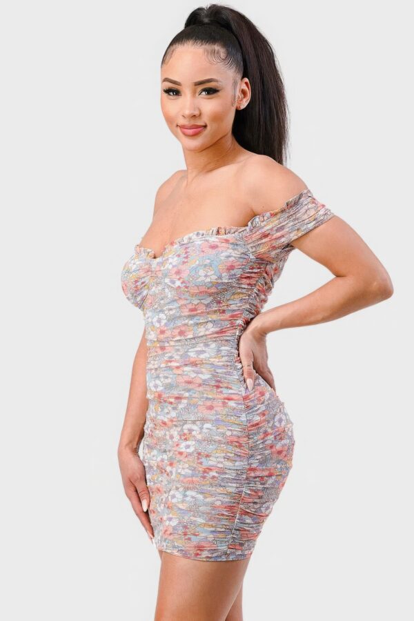 Floral Mesh Sweetheart Ruffle Off-Shoulder Mini Dress – Light Blue