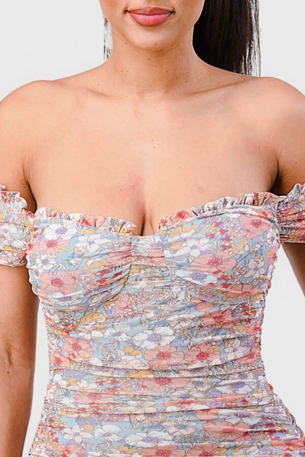 Floral Mesh Sweetheart Ruffle Off-Shoulder Mini Dress – Light Blue