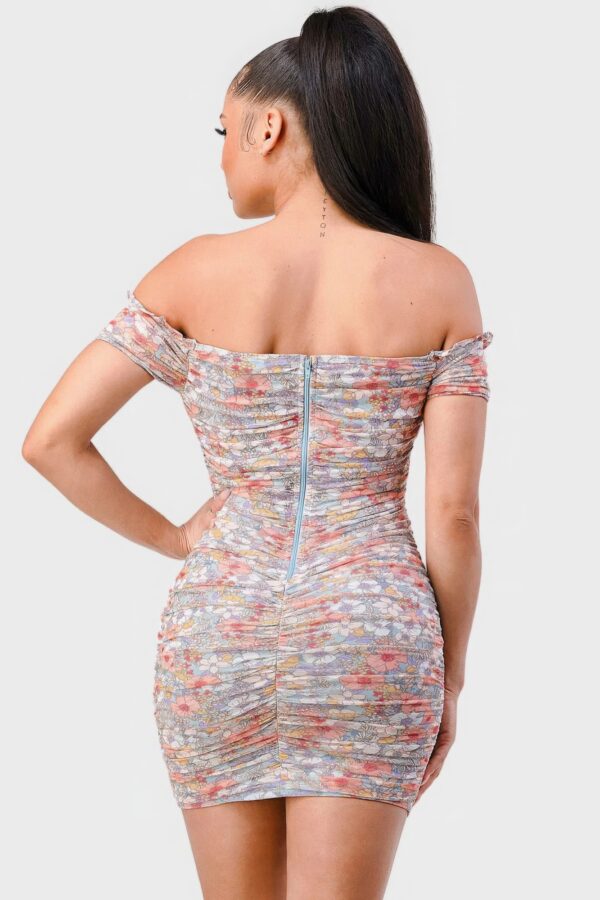 Floral Mesh Sweetheart Ruffle Off-Shoulder Mini Dress – Light Blue