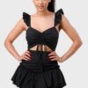 Sweetheart Drawstring Bow Mini Dress with Ruffled Sleeves – Black
