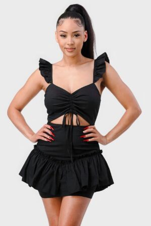 Sweetheart Drawstring Bow Mini Dress with Ruffled Sleeves – Black