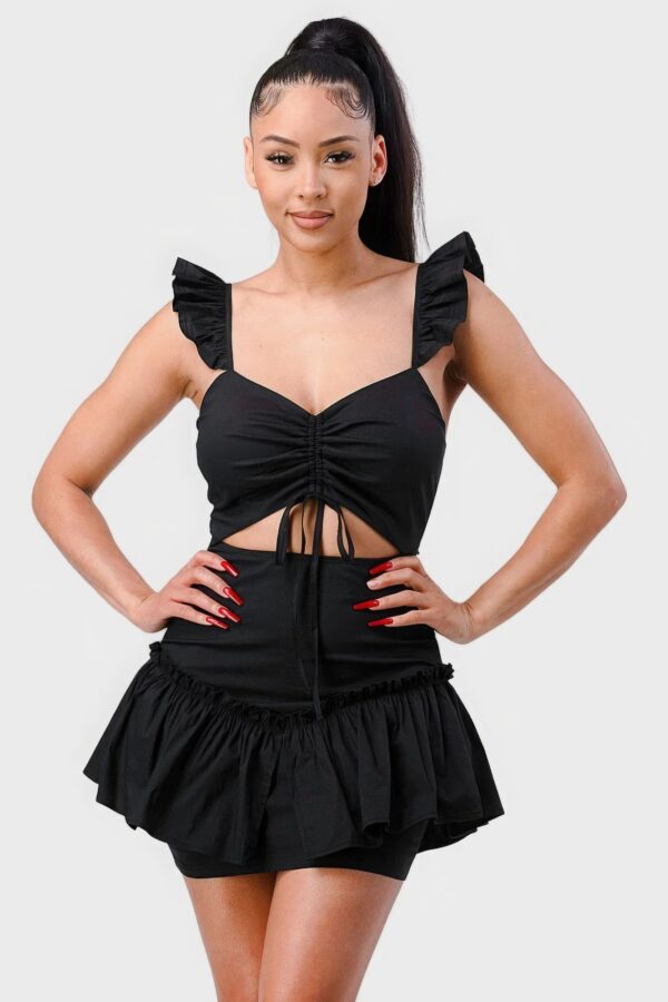 Sweetheart Drawstring Bow Mini Dress with Ruffled Sleeves – Black