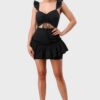 Sweetheart Drawstring Bow Mini Dress with Ruffled Sleeves – Black