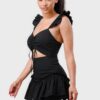 Sweetheart Drawstring Bow Mini Dress with Ruffled Sleeves – Black