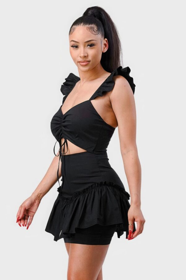 Sweetheart Drawstring Bow Mini Dress with Ruffled Sleeves – Black
