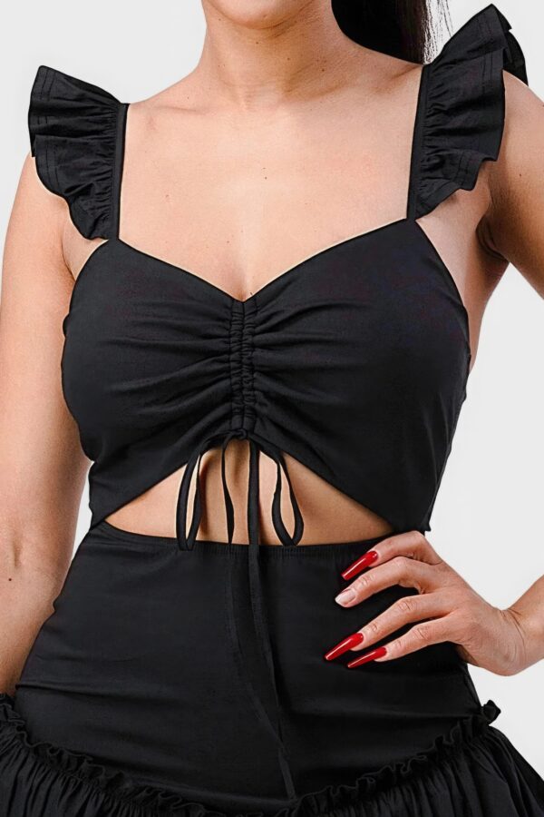 Sweetheart Drawstring Bow Mini Dress with Ruffled Sleeves – Black