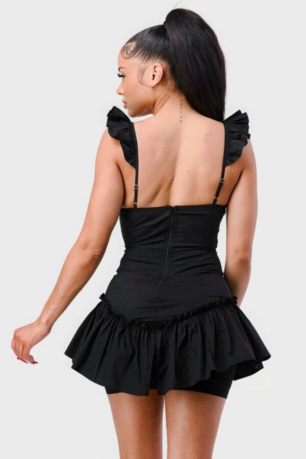 Sweetheart Drawstring Bow Mini Dress with Ruffled Sleeves – Black