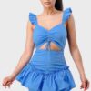 Sweetheart Drawstring-Bow Mini Dress with Ruffled Flutter Sleeves – Denim Blue