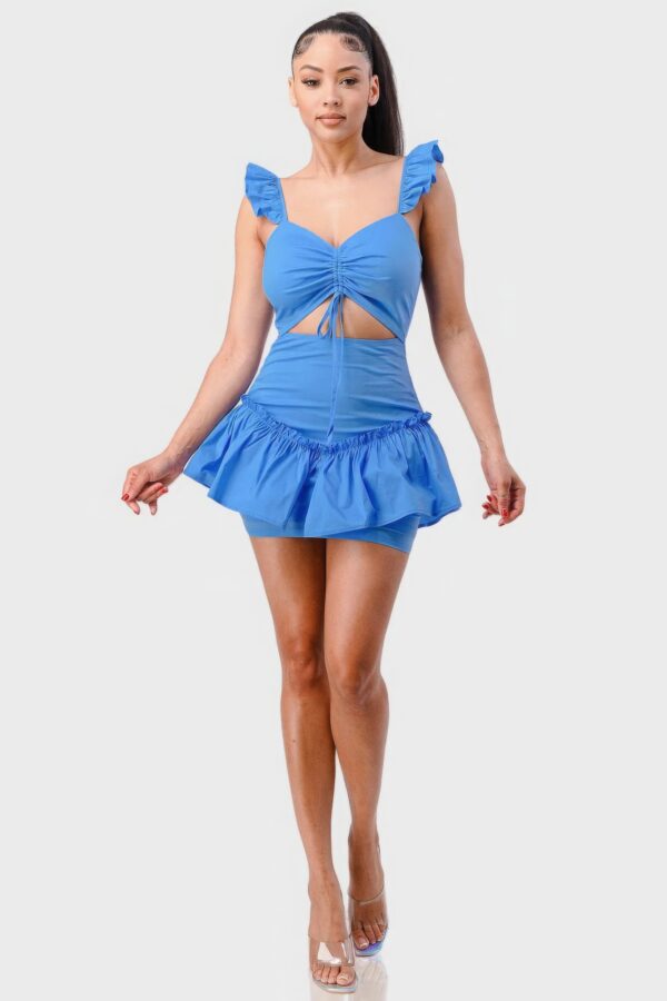 Sweetheart Drawstring-Bow Mini Dress with Ruffled Flutter Sleeves – Denim Blue