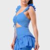 Sweetheart Drawstring-Bow Mini Dress with Ruffled Flutter Sleeves – Denim Blue