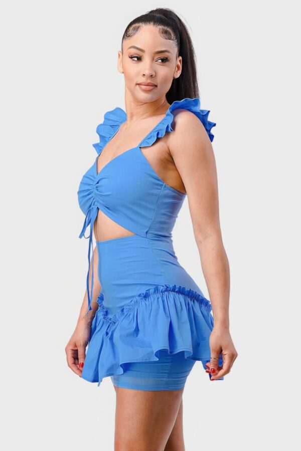 Sweetheart Drawstring-Bow Mini Dress with Ruffled Flutter Sleeves – Denim Blue