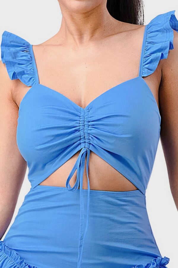 Sweetheart Drawstring-Bow Mini Dress with Ruffled Flutter Sleeves – Denim Blue