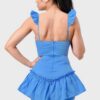 Sweetheart Drawstring-Bow Mini Dress with Ruffled Flutter Sleeves – Denim Blue